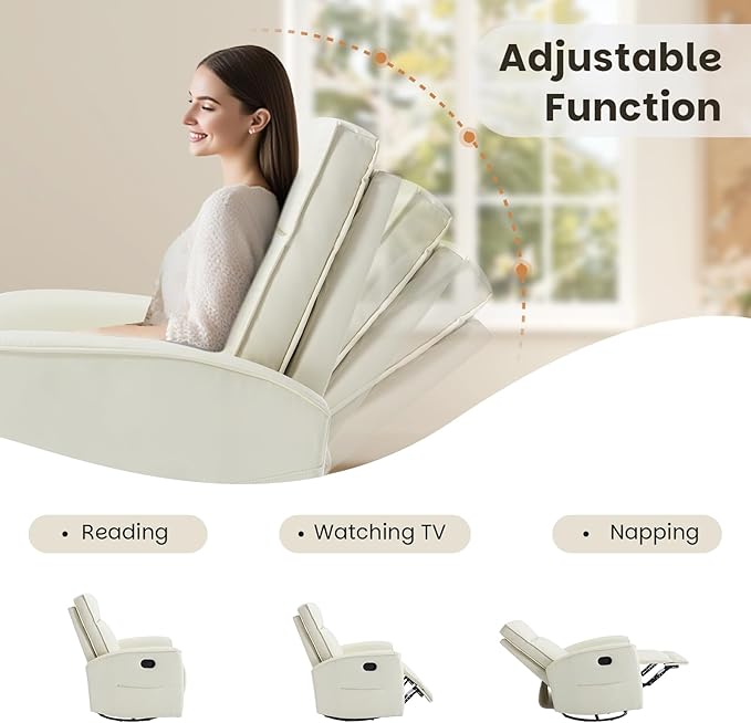 CANMOV Rocker Recliner Chair,360°Swivel Nursery Glider Recliner,Manual Recliner Sofa with Padded Armrest and Backrest,Leather Recliner for Small Spaces,Living Room,Bedroom (White)