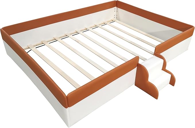 Merax Upholstered Kids' Daybed, Daybed Frame with Fence and Stairs, No Box Spring Needed, Queen Size, Brown+White