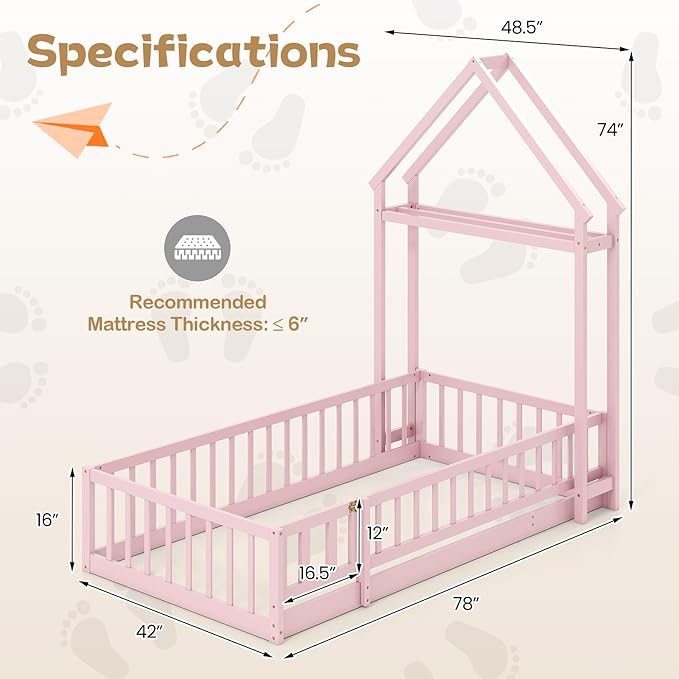 KOMFOTT Twin Size Floor Bed with House-Shaped Headboard, Kids Montessori Floor Bed with Detachable Clothes Hanger, Full Length Safety Guardrails, Door & Latch, Solid Wood Floor Bed Frame