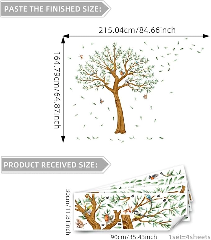 Large Tree Wall Decal with Birds, Green Leaves Tree Wall Stickers for Living Room Nursery Wall Decor 84.66x64.87 inches