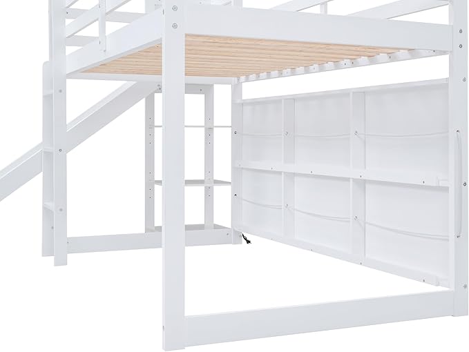 Playful Twin Size Wood House Loft Bed with Slide and Climbing Ramp, Multiple-Function Low Loft Bed Frame with Storage Shelves and Light for Kids Teens Boys Girls Bedroom (White-C)
