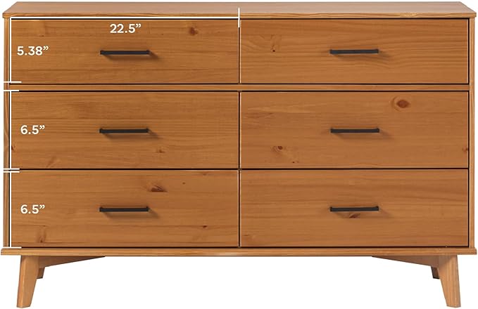 Walker Edison Sloane 6-Drawer Solid Wood Dresser with Metal Handles, 52 Inch, Caramel