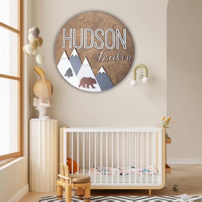 Personalized Wooden Name Sign - Custom Baby Name Signs for Nursery & Kids Room Decor - Baby Announcement Sign - Name Wall Art - Wooden Letters for Wall - Custom Round Nursery Name Sign (Design 6)