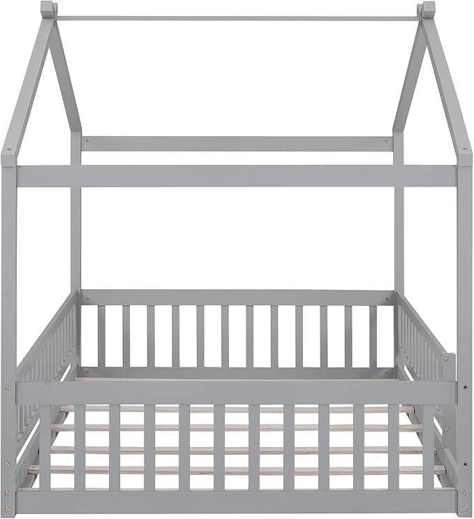 Merax Full Size Wooden House Bed with Fence, Wood Bed Frame with Roof and Safety Guardrail for Kids, Teens, Boys or Girls, Gray