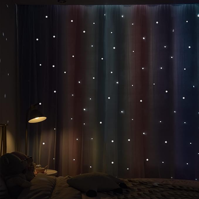 Kinryb Christmas Colorful Star Hollowed Out Curtains Stars Blackout Curtains for Kids Boys Bedroom Living Room Double Layer 2 Panel Rainbow Blue 52W x 45L