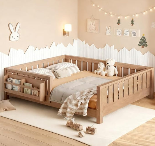 Bellemave Full Size Floor Bed with high Rails and with Built-in Bookshelf for Kids, Girls, Boys, Wood Montessori Floor Bed Without Door, Natural