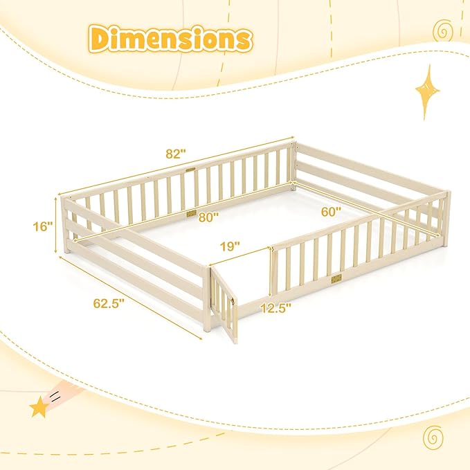 KOMFOTT Queen Size Wood Floor Bed with Door & Fence, Montessori Bed Frame with Full Length Safety Guardrails, Door & Latch, Wooden Montessori Floor Bed for Kids, Girls, Boys (Queen,Natural)