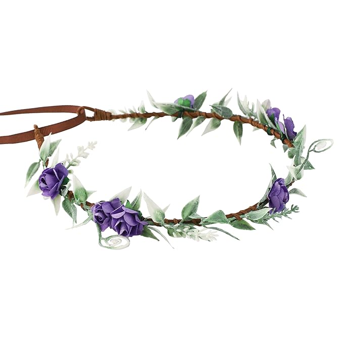 Fairy Flower Crown Weeding Headpieces - Handmade Crafts Bohemian Bridal Garland Weeding Crowns for Women Girls Kids Diy Party Vacation Renaissance Photography Props Purple Rose