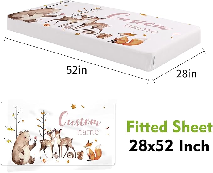 Personalized Crib Bedding Set for Boys Girls, Custom Baby Crib Sets with Name, Fox Sika Deer Design Nursery Bedding 2 Piece - Soft Blanket with Double Layer Dotted Backing, Crib Fitted Sheet