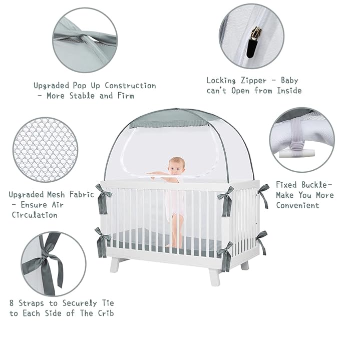 Baby Crib Tent, Pop Up Crib Canopy to Keep Baby from Climbing Out, Safety Crib Net Mosquitoes Net with See-Through Mesh, Fits Most Standard Cribs
