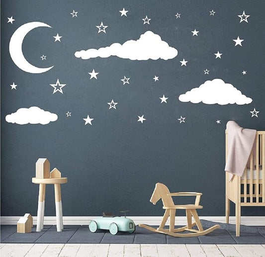 Removable Creative 3D Vinyl White Clouds Moon and Stars Wall Decals DIY Home Wall Art Decor Wall Stickers for Kids Baby Children Boy and Girls Rooms Bedroom Living Room Playroom Decoration (White)