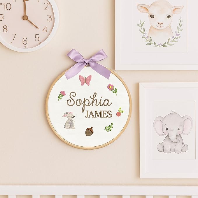 Personalized Baby Name Sign Welcome Baby Announcement Sign Newborn Baby Embroidery Hoop with Bows Baby Hospital Name Sign Custom Infant Baby Name Baby Shower Gifts (01)