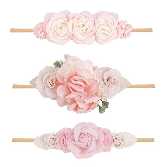 Baby Girl Floral Headband Nylon Flower Crown Elastic Hairband 3pcs Hair Accessories Gift for Girls (YM8)