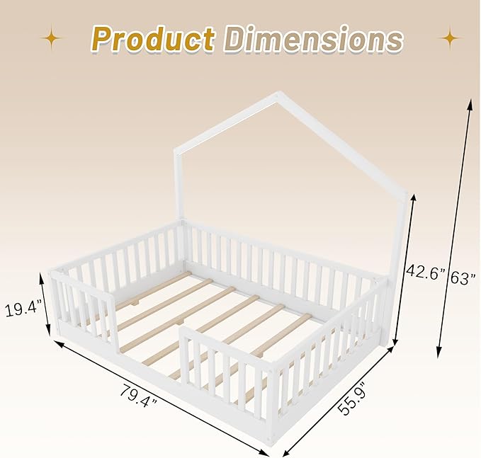 Full Size House Bed for Kids, Low Profile Full Montessori Bed with High Railings, Wood House Shape Montessori Beds with Light & Roof for Kids, White