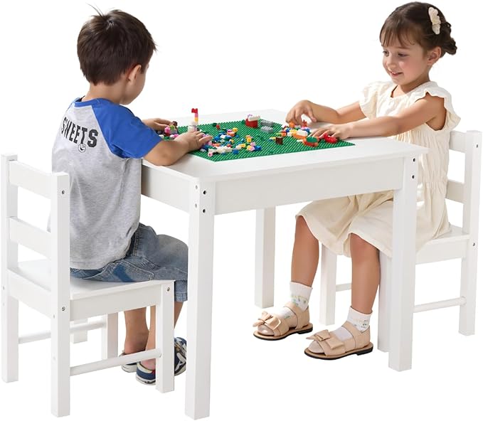 VEVOR Kids Activity Table and 2 Chairs Set, Building Blocks Double-Sided Tabletop, Toddler Table and Chair Set with Storage for Kids 3+ Years, Large Storage Space, Present for Boys & Girls, White