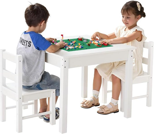 VEVOR Kids Activity Table and 2 Chairs Set, Building Blocks Double-Sided Tabletop, Toddler Table and Chair Set with Storage for Kids 3+ Years, Large Storage Space, Present for Boys & Girls, White