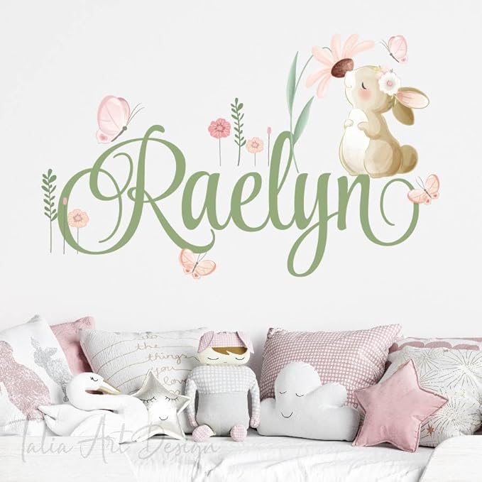 Personalized Girl's Name with Cute Cartoon Bunny Wall Sticker,Rabbit Kiss Butterfly Wall Decals, Bunny Wall Decor for Kids Nursery