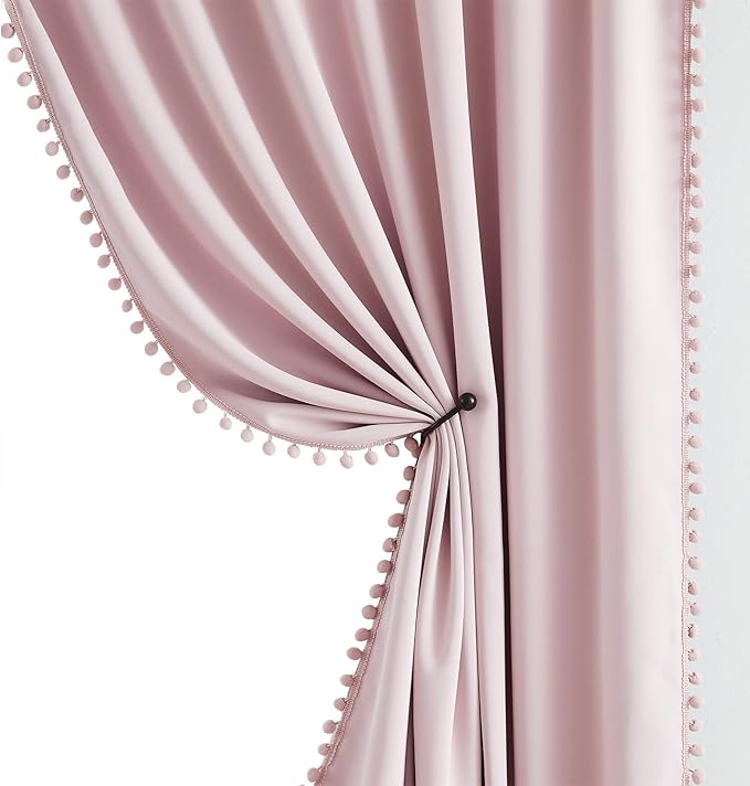 Treatmentex 100% Full Blackout-Curtains for Bedroom Pink Pom Poms Curtain Panals for Girls 95inch Cute Thermal Insulated Window Drapes for Living Room Baby Nursery 52" w x 95" l 2pcs Rod Pocket