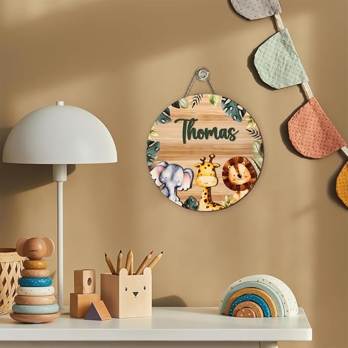 Custom Name Wooden Door Sign | Animal Wall Art | Nursery Decor, Bedroom Decoration, Playroom Wall Hanging, Little Boys & Girls Room Décor
