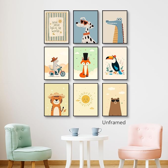 9 Pieces Nursery Animals Canvas Wall Art, Kids Room Fashion Sunglasses Dog and Bear Poster, Cute Crocodile Fox Cat and Lion Picture, Warming Sunshine Print for Baby Bedroom Playroom 8x12in Unframed