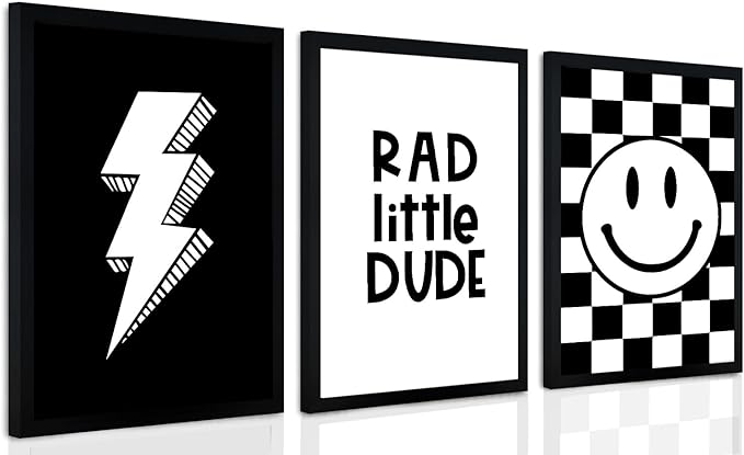 arfitest Boy's Room Wall Art Children's Canvas Wall Decoration Black Checkered Smiling Face Poster Picture Retro Game Room Bedroom Art Print 12x16 inch Frame 3-Piece Set