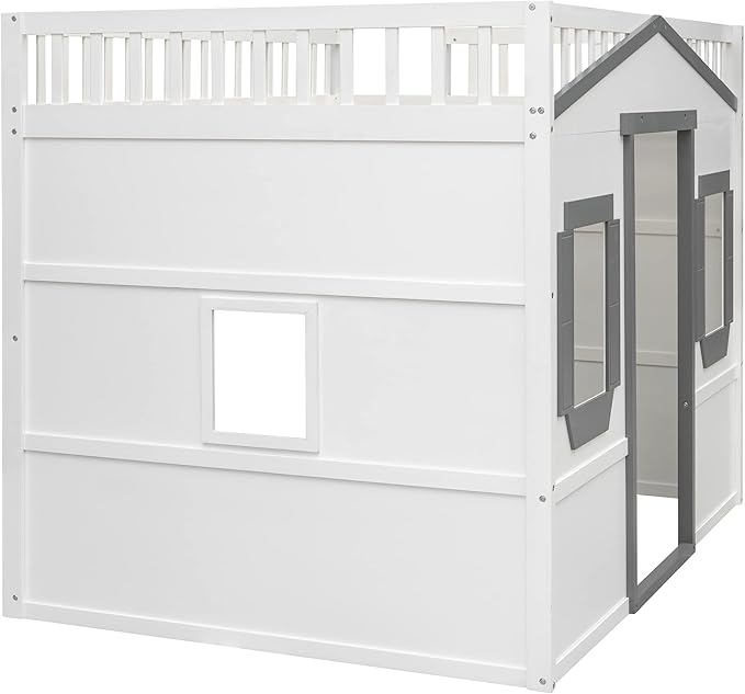 Full Size Loft Bed with Safety Guardrail for Kids Boys Girls, Playhouse Design Solid Wood Loft Bed Frame with Ladder and Windows, Strong Wood Slats Support, Space-Saving (White+Gray)