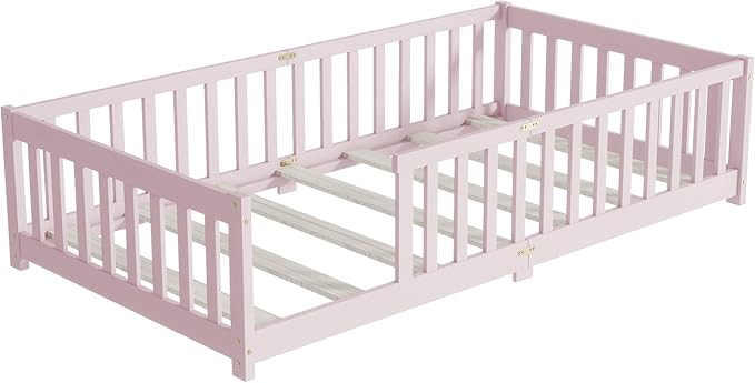 Twin Size Floor Bed for Kids, Wood Montessori Floor Beds with Fence Railings and Slats Support, Twin Playhouse Bed Frame for Boys Girls, No Box Spring Needed, Pink