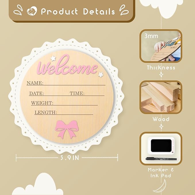 Baby Birth Announcement Sign - 3D Wooden Baby Birth Sign with Marker Pen, Coquette Pink Bow Newborn Name Announcement with Ink Pad for Girls Nursery Decor Keepsake Gift
