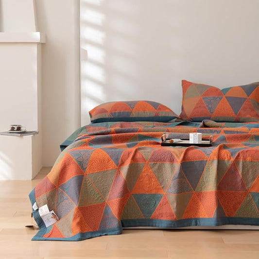 100% Cotton Muslin Blanket Jacquard Bohomian Mandala Triangle Print Quilt, Soft Bed Cover Reversible Bedspread Coverlet Breathable Lightweight Bedding Full/Queen(78"x94"), No Pillow Sham