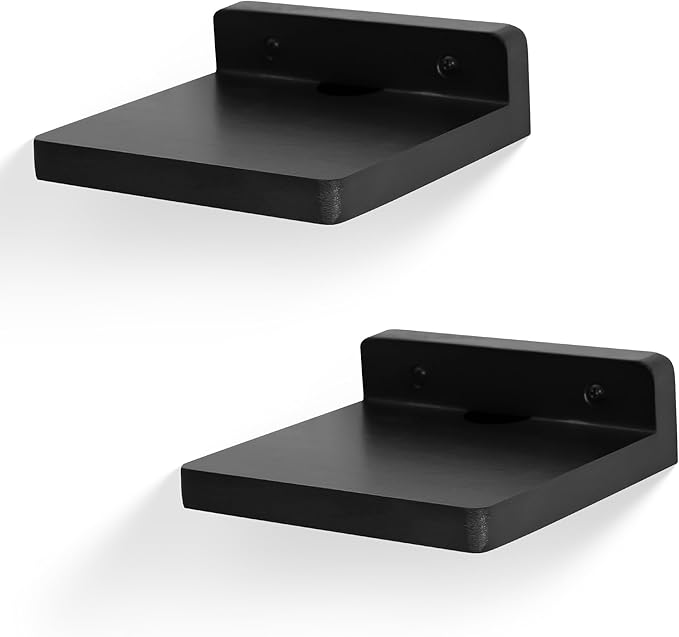 Small Floating Shelf for Wall,5 Inch Wooden Wall Shelf Set of 2,Mini Speaker, Baby Monitor,Cameras，Figurines Display Stand, for Bedroom, Gaming Room, Living Room, Bathroom, Office(Black)