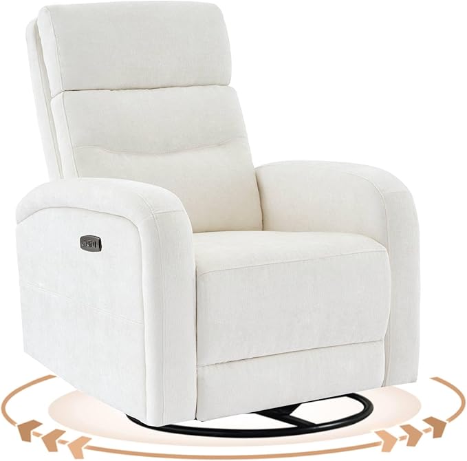 Power Glider Recliner Nursery Rocking Chairs with USB, Electric Swivel Rocker Glider Chair for Living Room, Upholstered Recliner Chairs for Bedroom, Bedroom, Chenille White