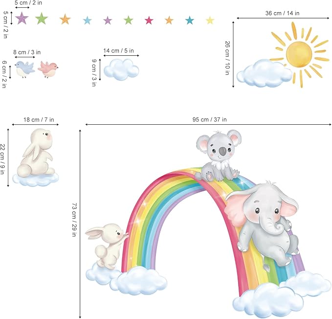 decalmile Rainbow Animal Wall Decals Elephant Koala Rabbit Clouds Wall Stickers Baby Nursery Kids Room Living Room Wall Decor