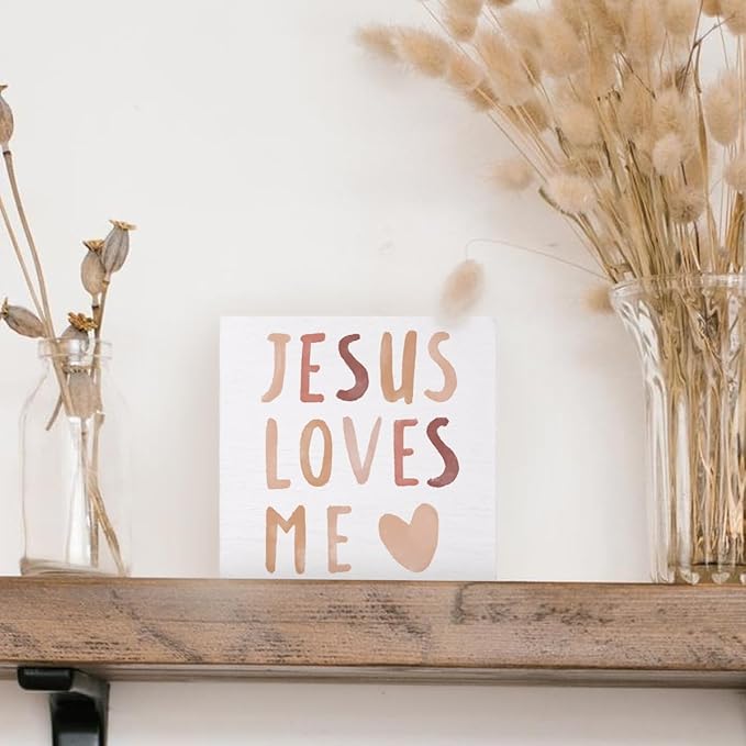 Baby Girls Nursery Decor - Jesus Loves Me Christian Gifts Wood Sign Wall Art Decoration, Boho Neutral Bible Verse Kids Boys bookshelf Decorations, Toddler Girls Room Decor 5x5