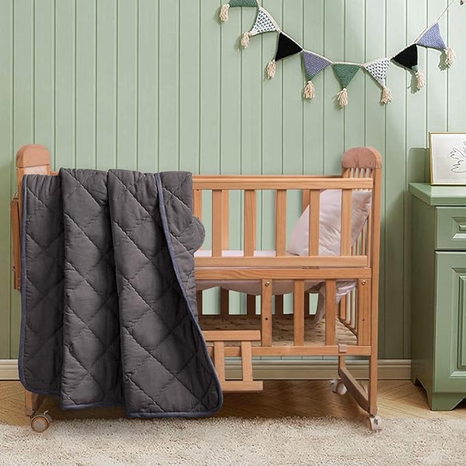 FLXXIE Machine Washable Microfiber Down Alternative Toddler Comforter, Super Soft and Lightweight Kids Crib Quilted Blanket for Stroller, Travel, 39x47 Inches, Dark Grey