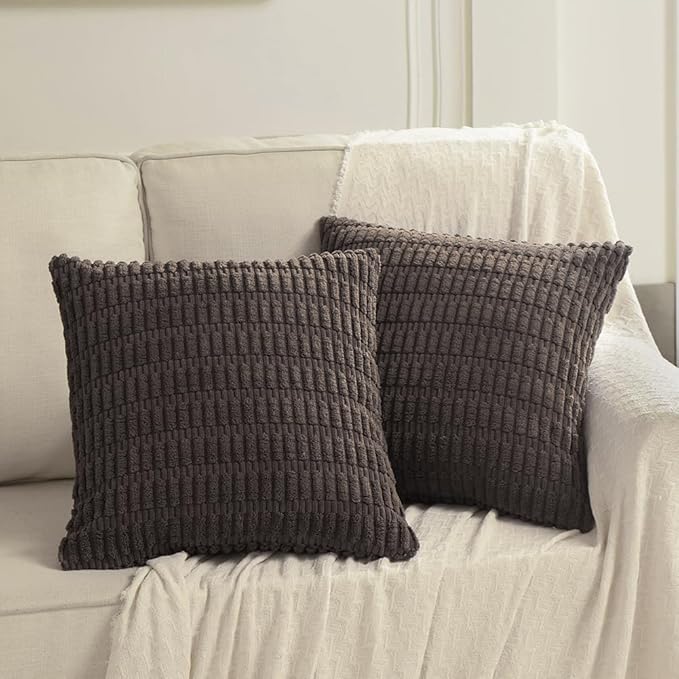 Fancy Homi 2 Packs Dark Brown Decorative Throw Pillow Covers 22x22 Inch for Living Room Couch Bed Sofa, Rustic Farmhouse Boho Home Decor, Soft Striped Corduroy Square Cushion Case 55x55 cm