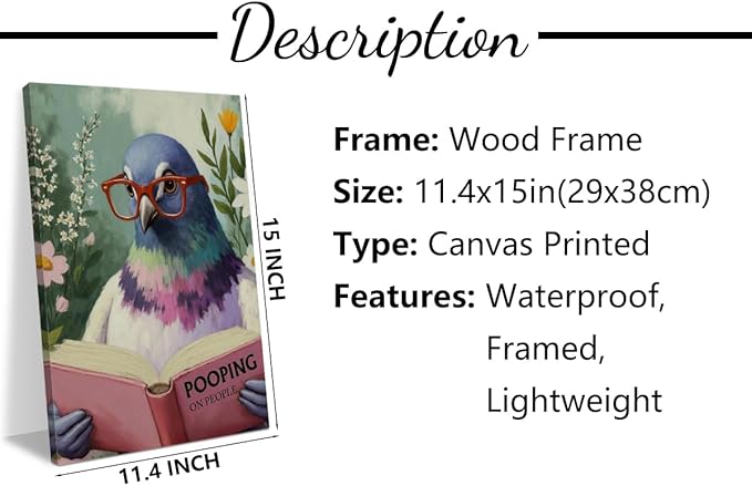 Funny Pigeon Humorous Bird Reading Book Lovers Gifts Poster Wall Decor Canvas Wall Art Framed Artwork Bookworm Posters Painting for Home Library Office Study Bathroom Decorations 11.5X14.5 Inch