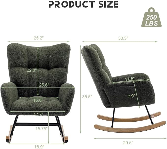 Nursery Rocking Chair Teddy Upholstered Glider Rocker Rocking Accent Chair with High Backrest Armchair Comfy Side Pocket Chair for Living Room, Bedroom, Offices (Dark Green)