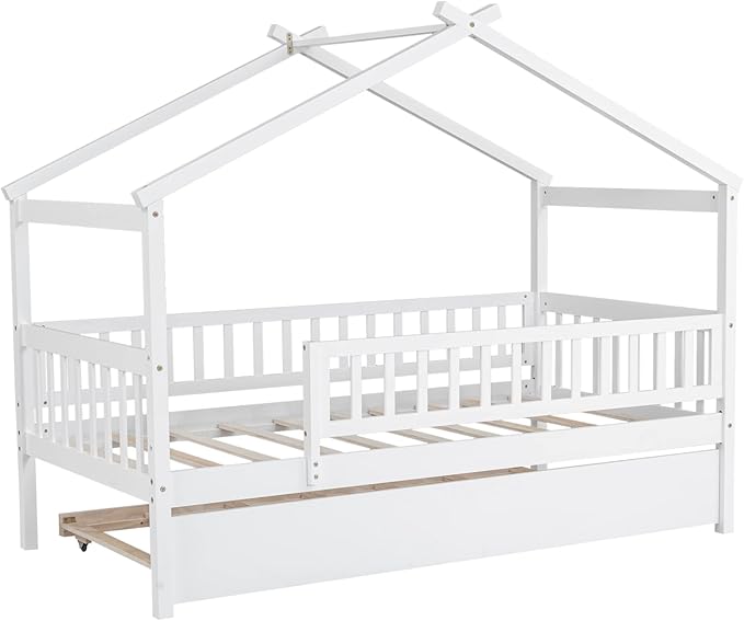 Merax Twin Size Wooden House Bed with Twin Size Trundle, Wood Bed Frame with Roof and Safety Guardrail for Kids, Teens, Boys or Girls, White