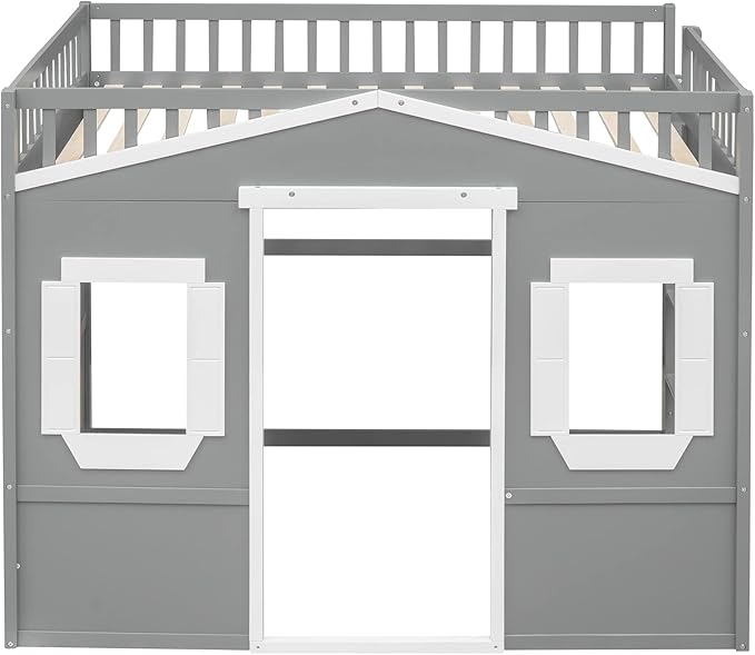 Full Size Loft Bed with Safety Guardrail for Kids Boys Girls, Playhouse Design Solid Wood Loft Bed Frame with Ladder and Windows, Strong Wood Slats Support, Space-Saving (Gray+White)