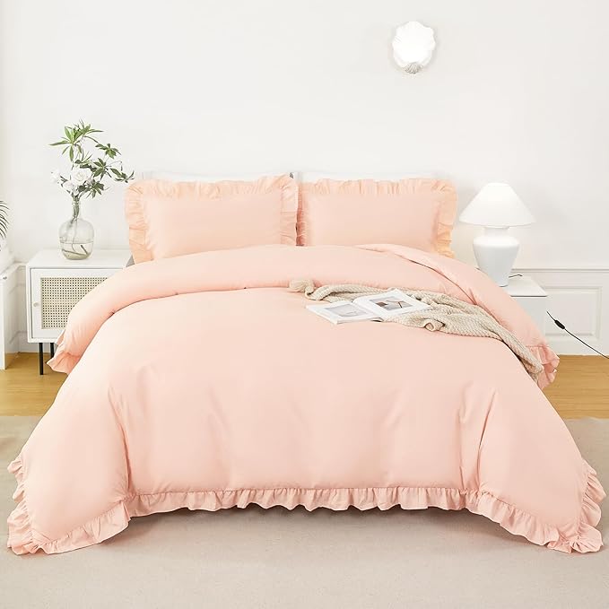 Full Size Comforter Cover Set for Kids Peach Pink Ruffle Duvet Cover Sets 3 Pieces Ruffled Bed Cover Set Vintage Cute Girls Bedding Quilt Cover Set All Seasons(Peach Pink, Full)