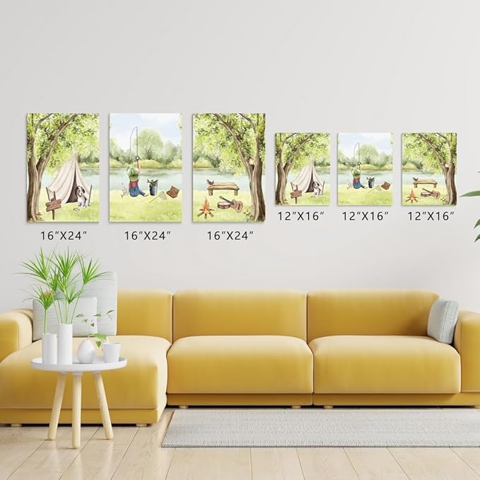 Fishing Nursery Wall Decor, Woodland Camping Nursery Decor Print, Green Mountain Forest Hiking Art, Outdoor Adventure Nature Picture for Boy Room, Little Man Cave Poster, Framed Canvas, 12"x16"x3