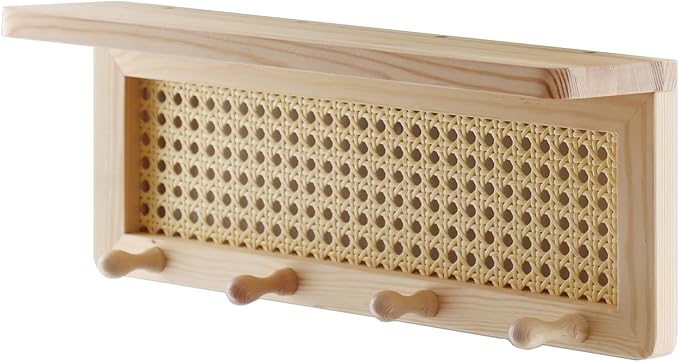 FRIADE PE Rattan Key Holder with 4 Key Hooks,Wall Mounted Decorative Floating Shelf for Entryway,Nursery,Mudroom, Hallway, Office (Burlywood)