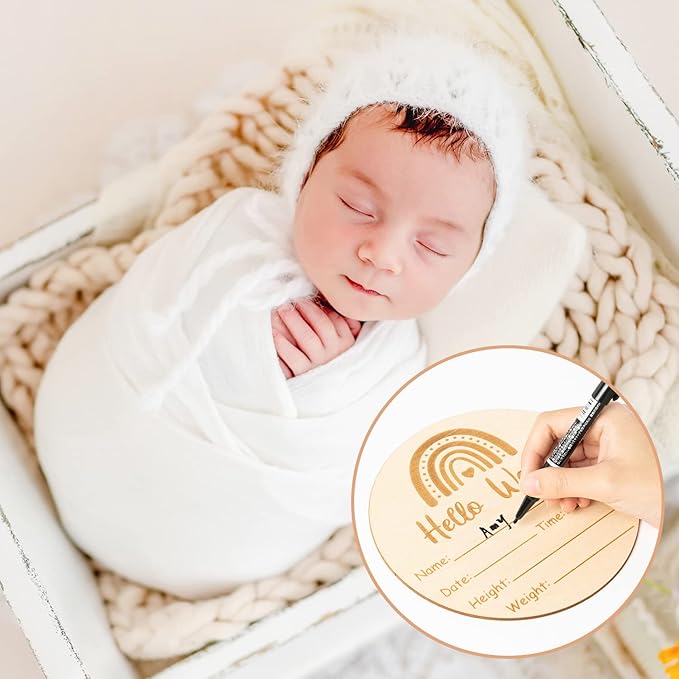 R HORSE Baby Birth Announcement Sign with Marker Pen, Boho Rainbow Baby Name Sign with Ink Pad for Hand and Footprints, Wooden Hello World Newborn Announcement Nursery Decor Keepsake Gifts