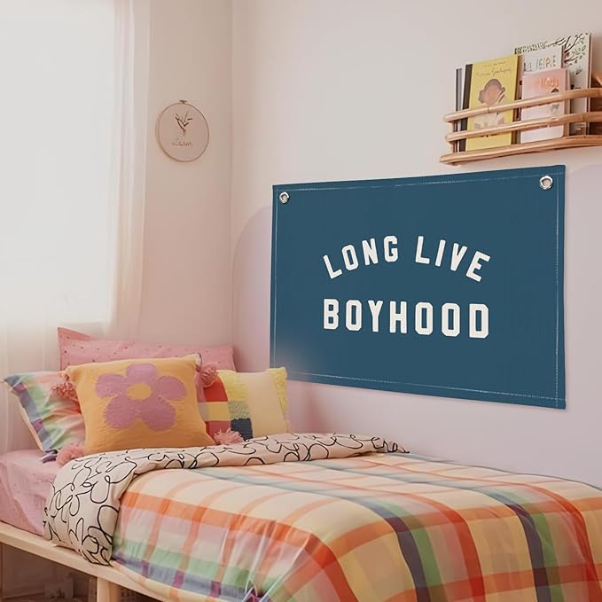 Long Live Boyhood Boys Room Decor - Linen Banner Wall Hanging Canvas Banner Flag Decor for Toddler Boy Room Nursery Playroom - Navy Blue