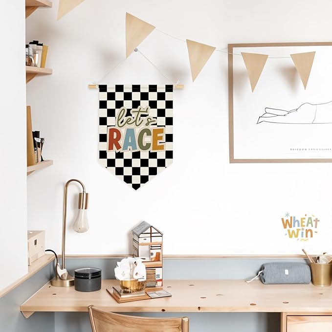 Wheatwin Toddler Boys Room Decor, Race Car Playroom Wall Decor for Kids Nursery Bedroom, Let's Race Black Checkered Wall Hanging Pennant Flag Banner, 15x11 Inch