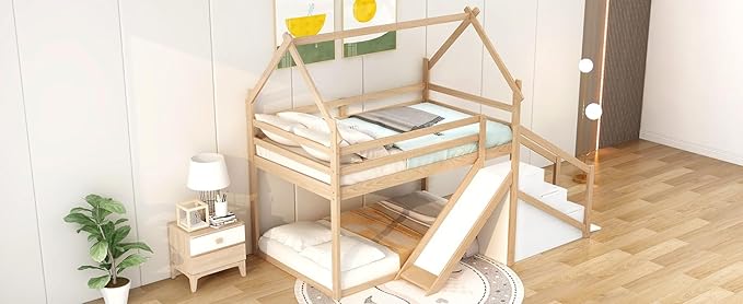Flieks Twin Over Twin House Loft or Bunk Bed Frame for Boys Girls Kids Adults Toddler with Slide and Staircase, Natural