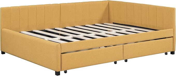 Harper & Bright Designs Full Size Upholstered Daybed with 2 Storage Drawers Sofa Bed Frame for Boys Girls Kids Adults Toddler No Box Spring Needed, Linen Fabric (Yellow)