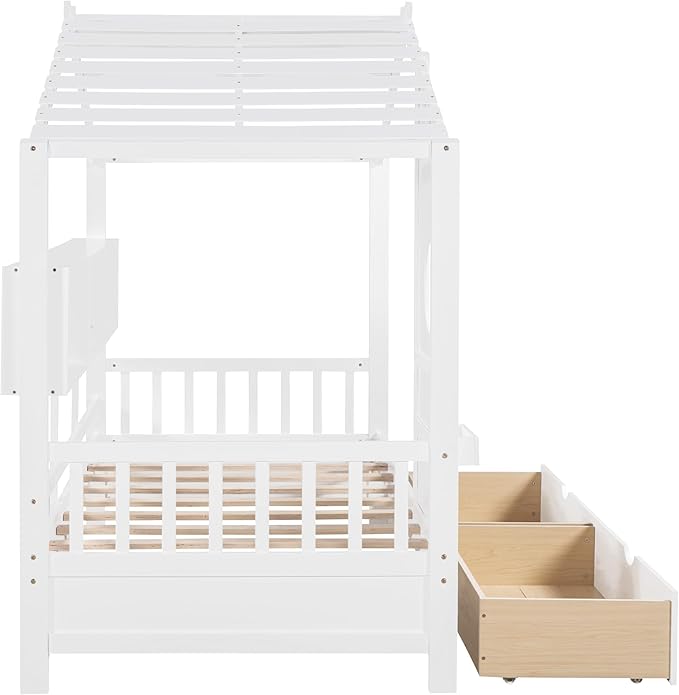 Modern Twin Size House Bed with Roof and Window, Wooden Daybed Frame with Shelves and 2 Drawers,Bedroom Furniture for Girls & Boys (White+2 Drawers/)