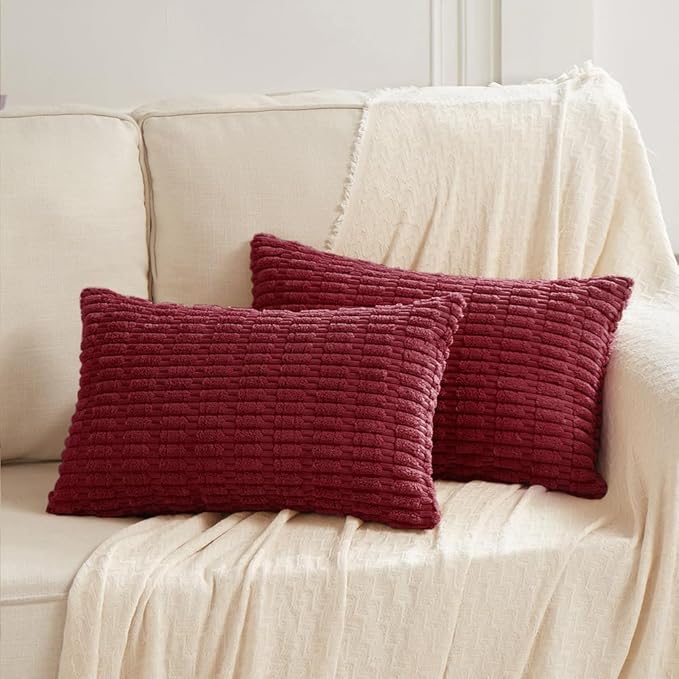 Fancy Homi 2 Packs Christmas Wine Red Decorative Throw Pillow Covers 14x24 Inch for Living Room Couch Bed Sofa, Modern Farmhouse Boho Home Decor, Soft Corduroy Burgundy Square Cushion Case 35x60 cm