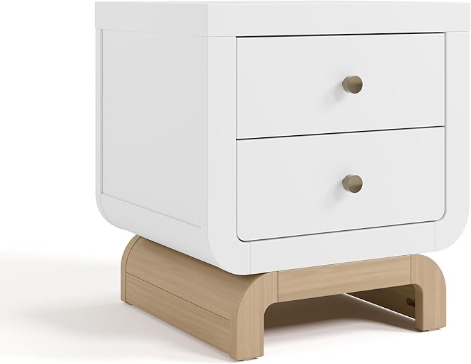 Storkcraft Santorini 2 Drawer Nightstand (White & Driftwood) - GREENGUARD Gold Certified Nightstand for Kids Bedroom, Premium Wood with Curved Base, “Champagne” Metal Knobs